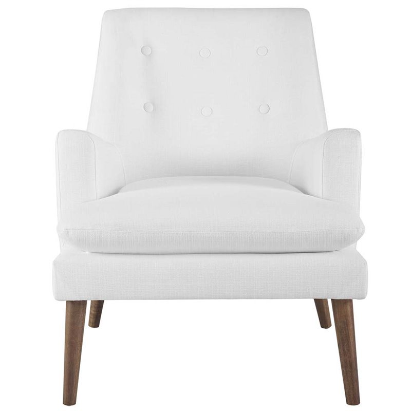Maklaine Contemporary Tufted Fabric Lounge Chair in White and Walnut