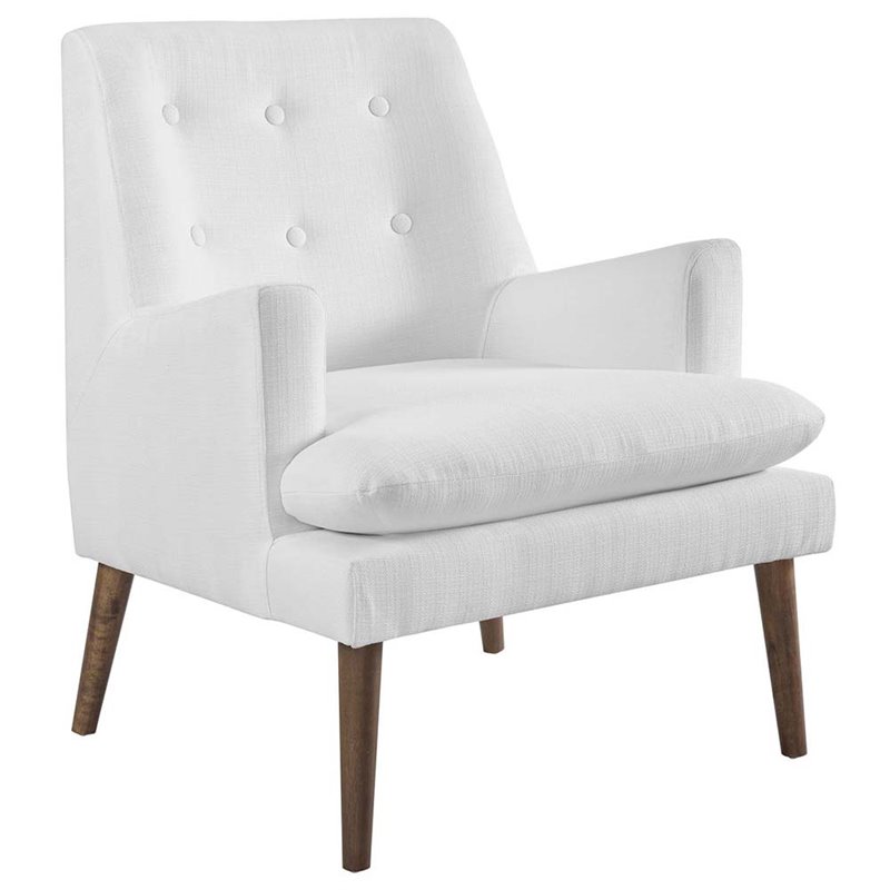 Maklaine Contemporary Tufted Fabric Lounge Chair in White and Walnut