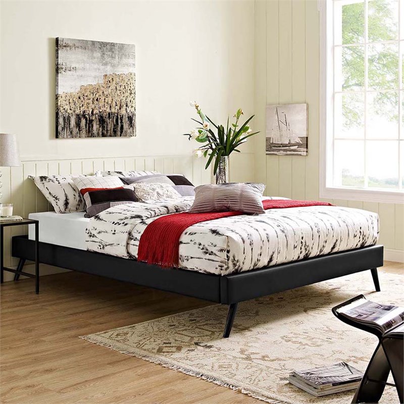 Maklaine Vinyl Full Bed Frame with Round Splayed Legs in Black
