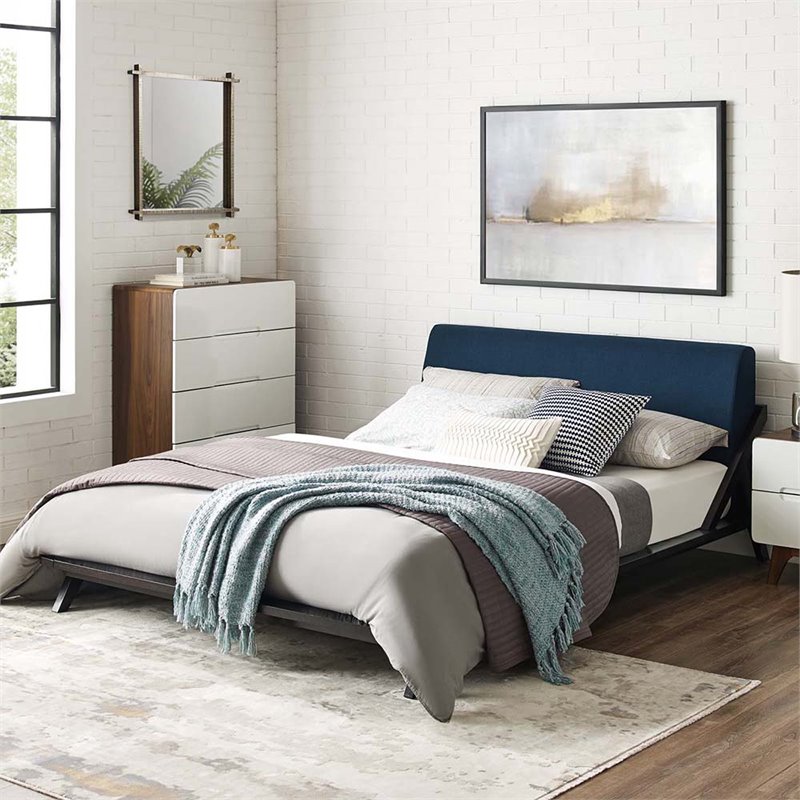 Maklaine Solid Wood/Fabric Queen Platform Bed in Walnut/Blue