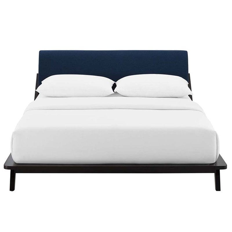 Maklaine Solid Wood/Fabric Queen Platform Bed in Walnut/Blue