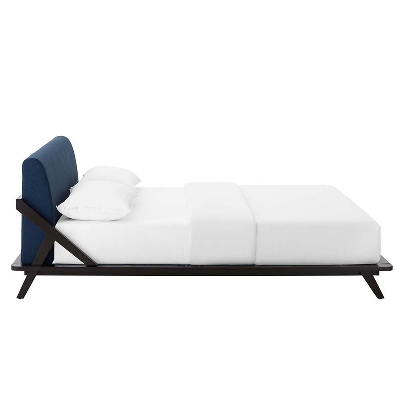 Maklaine Solid Wood/Fabric Queen Platform Bed in Walnut/Blue