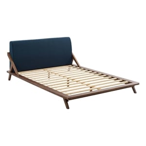 Maklaine Solid Wood/Fabric Queen Platform Bed in Walnut/Blue