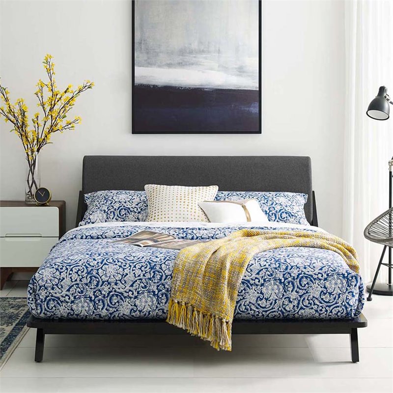 Maklaine Solid Wood/Fabric Queen Platform Bed in Walnut/Gray