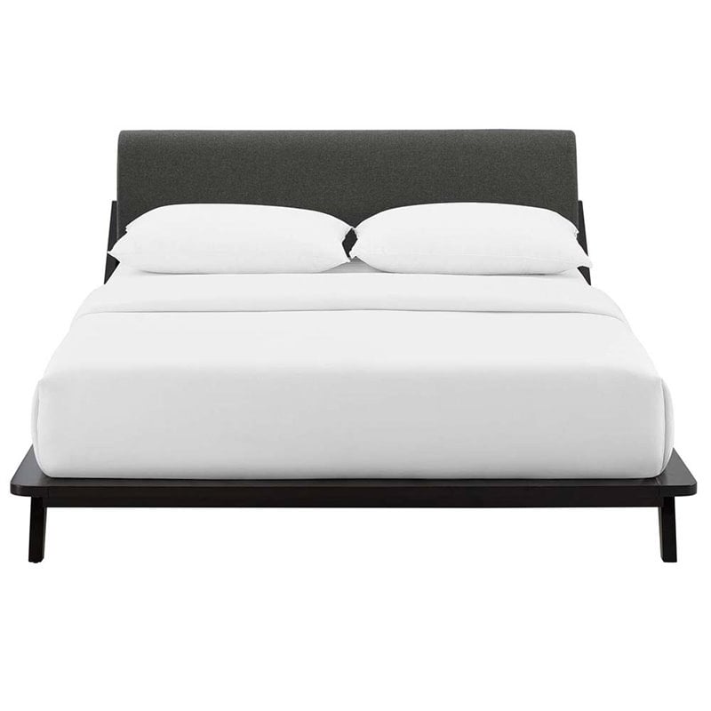 Maklaine Solid Wood/Fabric Queen Platform Bed in Walnut/Gray