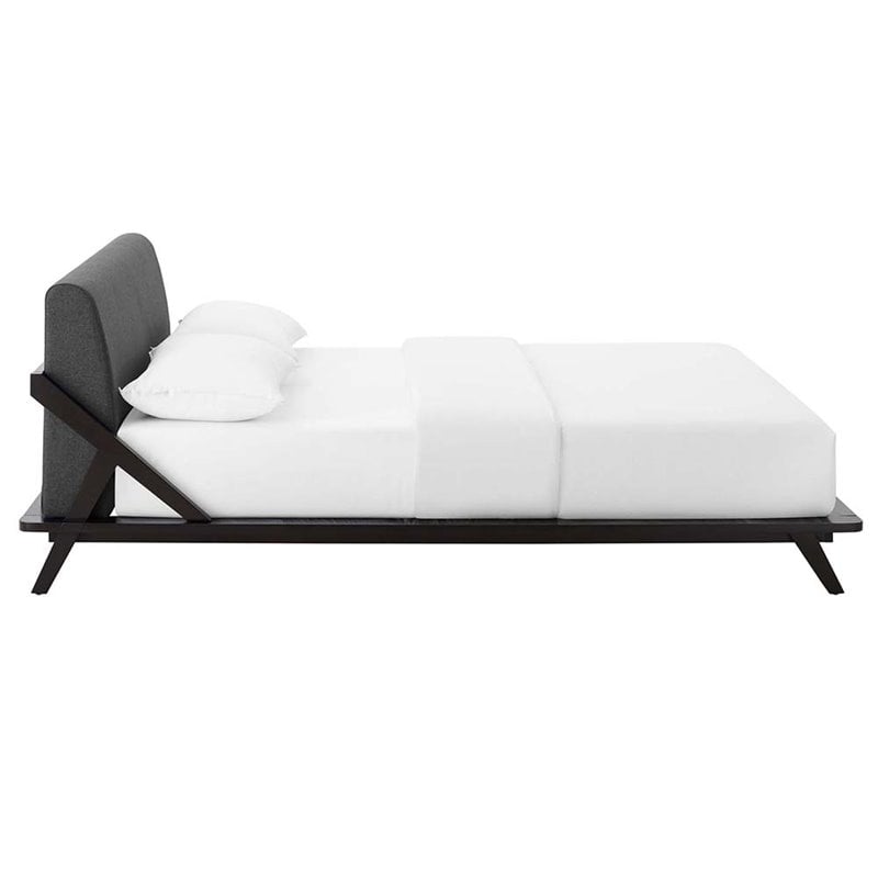 Maklaine Solid Wood/Fabric Queen Platform Bed in Walnut/Gray