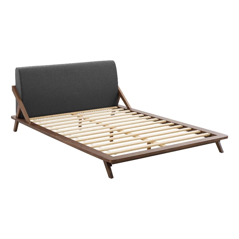 Maklaine Solid Wood/Fabric Queen Platform Bed in Walnut/Gray