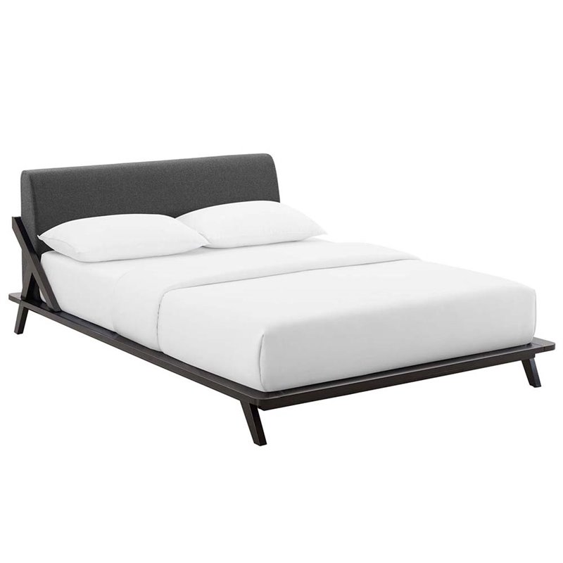 Maklaine Solid Wood/Fabric Queen Platform Bed in Walnut/Gray