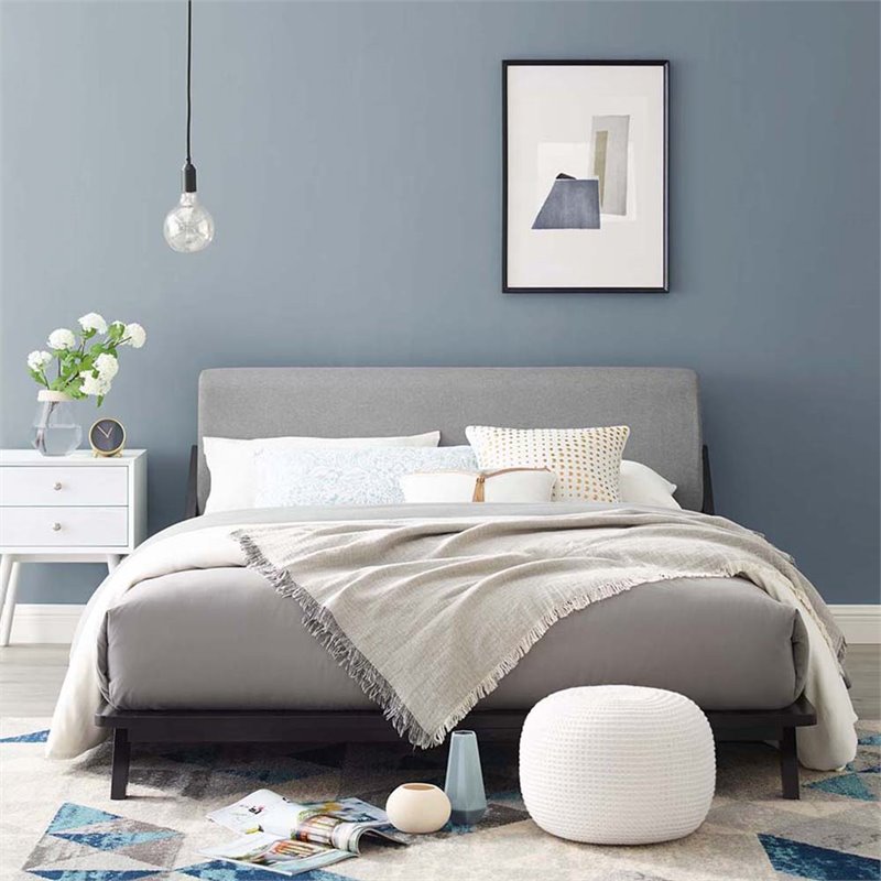 Maklaine Solid Wood/Fabric Queen Platform Bed in Walnut/Light Gray