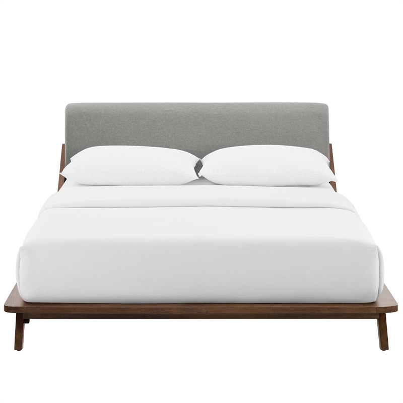 Maklaine Solid Wood/Fabric Queen Platform Bed in Walnut/Light Gray
