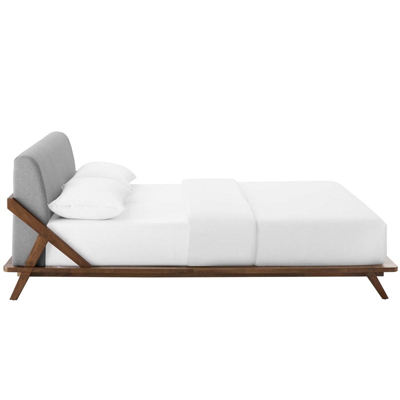Maklaine Solid Wood/Fabric Queen Platform Bed in Walnut/Light Gray