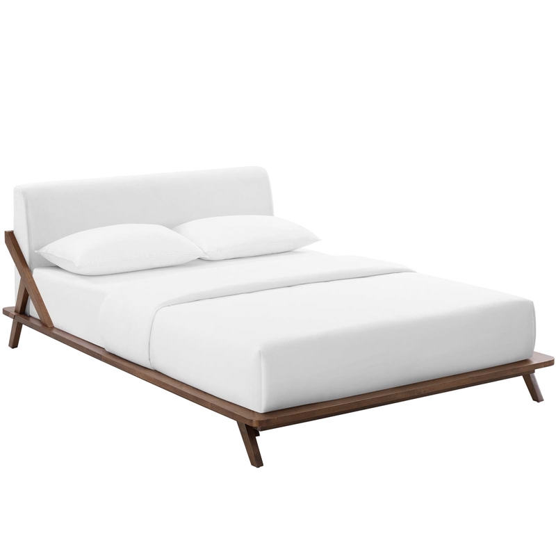 Maklaine Solid Wood/Fabric Queen Platform Bed in Walnut/White