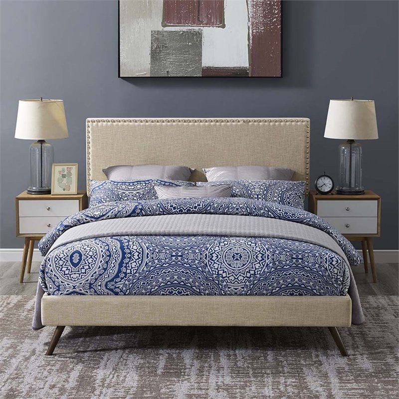 Maklaine Fabric Queen Platform Bed with Round Splayed Legs in Beige