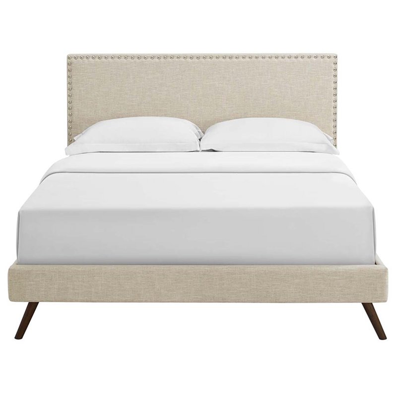 Maklaine Fabric Queen Platform Bed with Round Splayed Legs in Beige