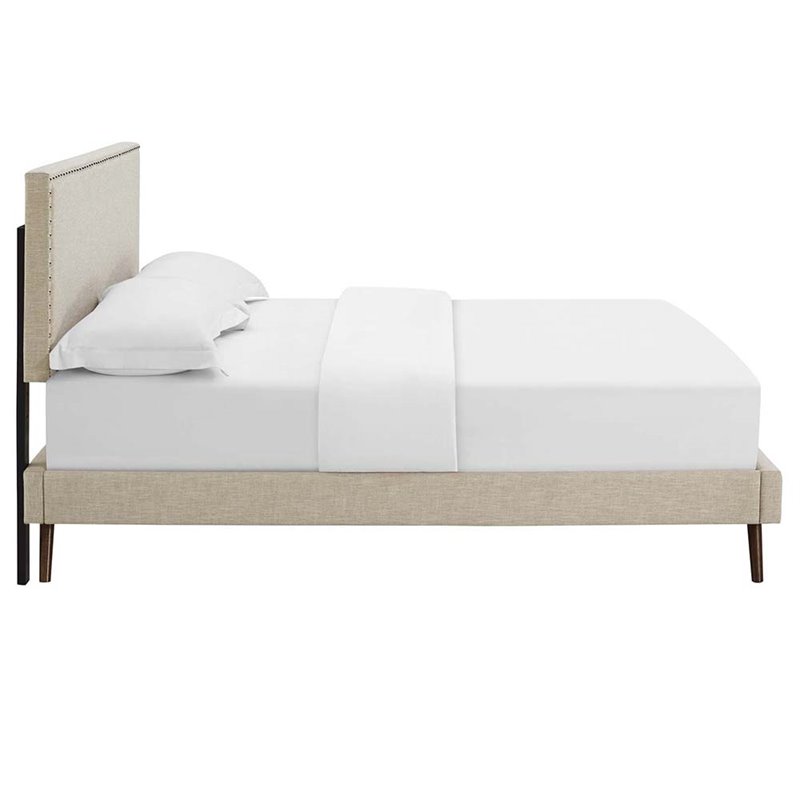Maklaine Fabric Queen Platform Bed with Round Splayed Legs in Beige