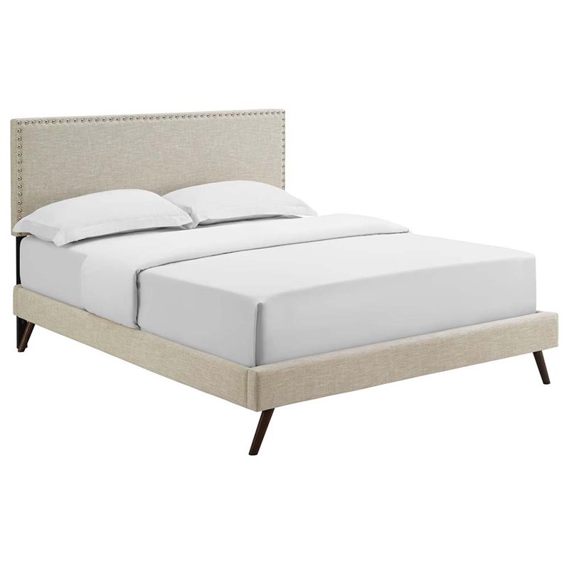 Maklaine Fabric Queen Platform Bed with Round Splayed Legs in Beige