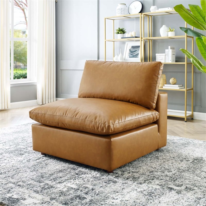Maklaine Down Filled Overstuffed Faux Leather Armless Chair in Tan