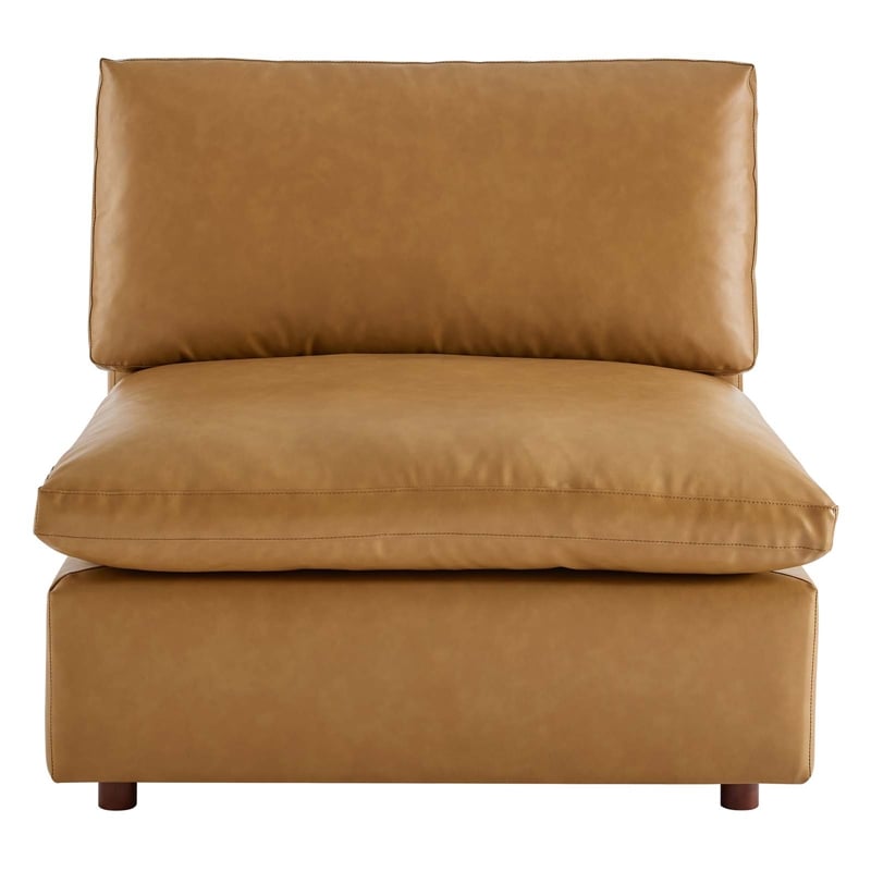 Maklaine Down Filled Overstuffed Faux Leather Armless Chair in Tan