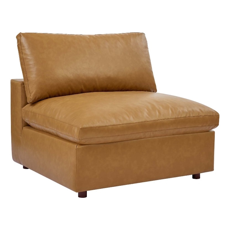 Maklaine Down Filled Overstuffed Faux Leather Armless Chair in Tan