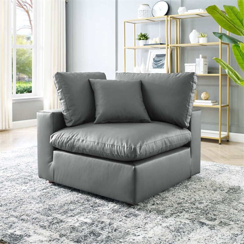 Maklaine Down Filled Overstuffed Faux Leather Corner Chair in Gray