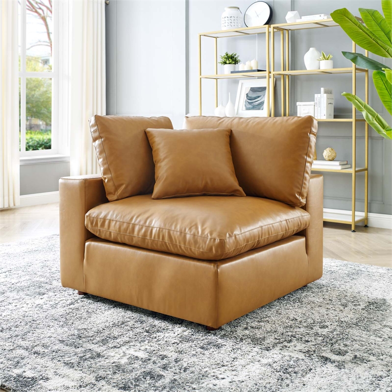 Maklaine Down Filled Overstuffed Faux Leather Corner Chair in Tan