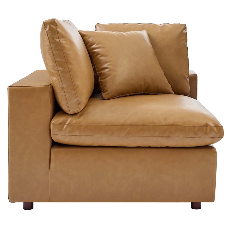 Maklaine Down Filled Overstuffed Faux Leather Corner Chair in Tan