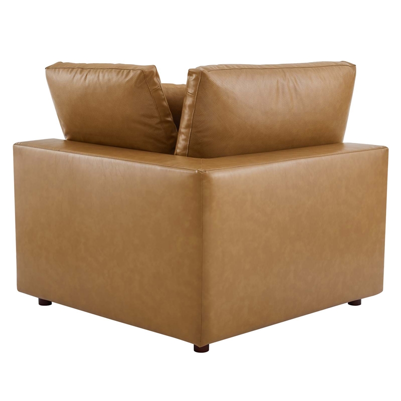 Maklaine Down Filled Overstuffed Faux Leather Corner Chair in Tan