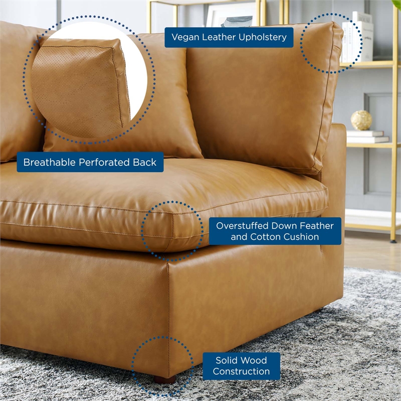 Maklaine Down Filled Overstuffed Faux Leather Corner Chair in Tan