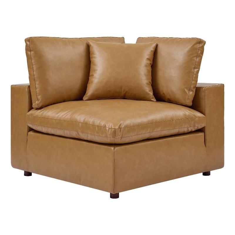 Maklaine Down Filled Overstuffed Faux Leather Corner Chair in Tan