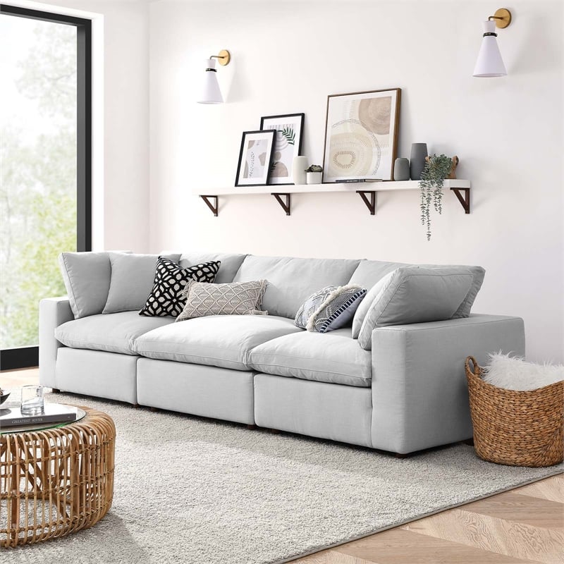 Maklaine 3-Piece Fabric Down Filled Sectional Sofa in Light Gray