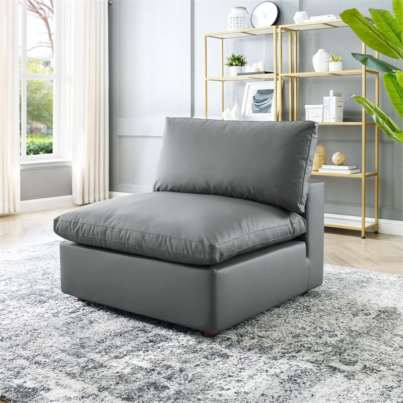 Maklaine Down Filled Overstuffed Faux Leather Armless Chair in Gray