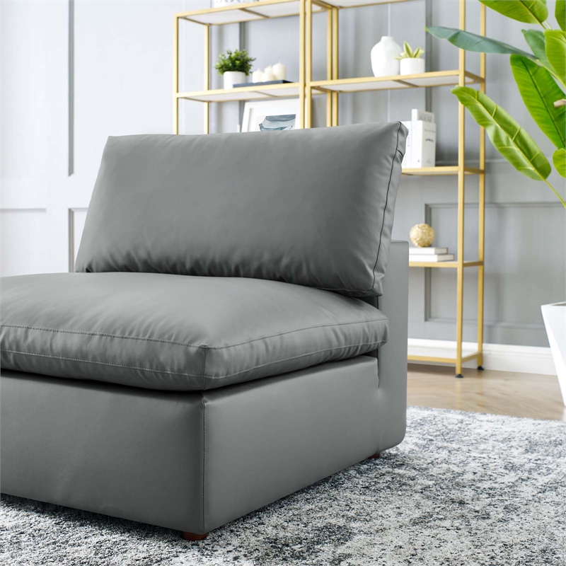 Maklaine Down Filled Overstuffed Faux Leather Armless Chair in Gray
