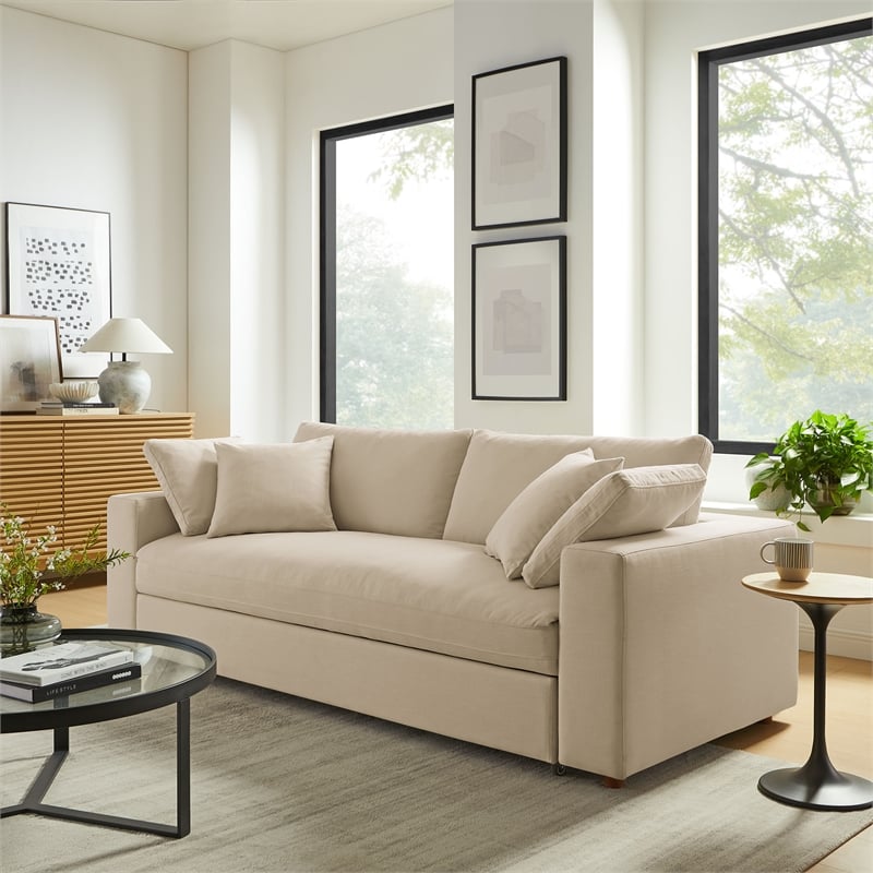 Maklaine Down Filled Overstuffed Sleeper Sofa w/Throw Pillows - Light Beige