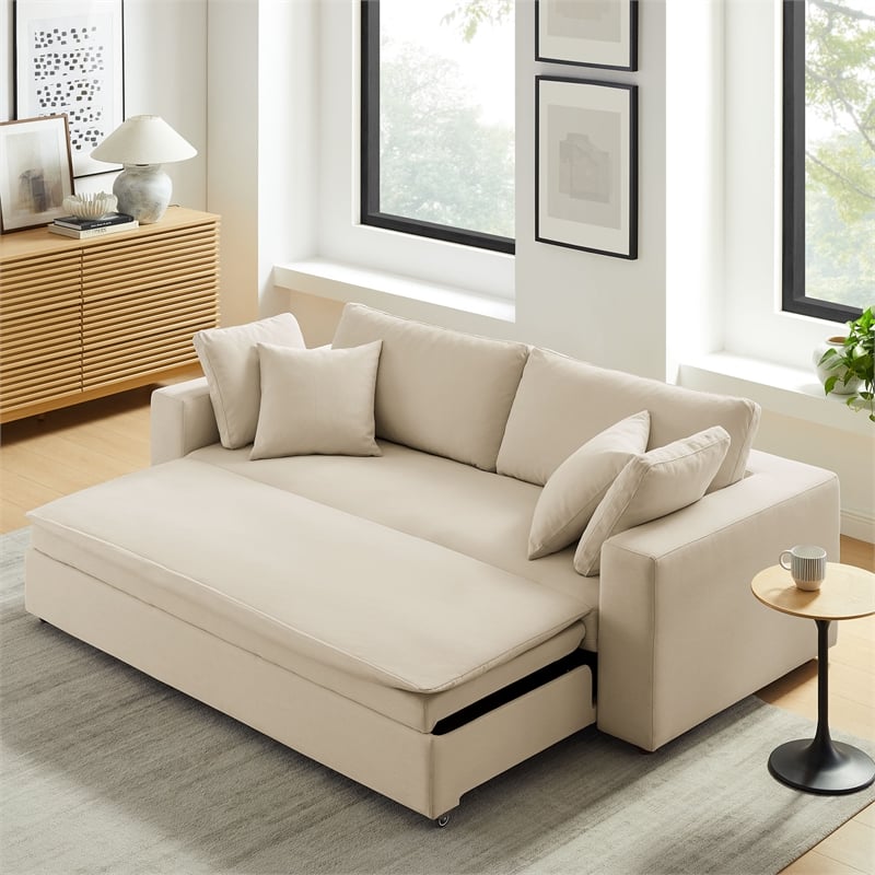 Maklaine Down Filled Overstuffed Sleeper Sofa w/Throw Pillows - Light Beige