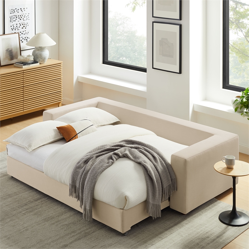 Maklaine Down Filled Overstuffed Sleeper Sofa w/Throw Pillows - Light Beige