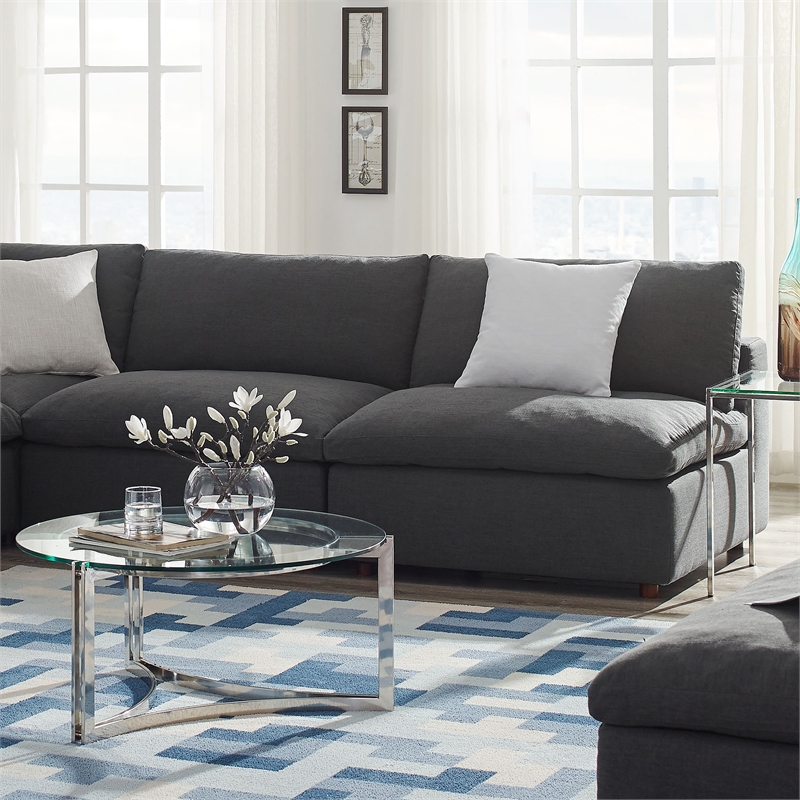 Maklaine Contemporary Polyester Fabric Armless Sectional Loveseat in Gray