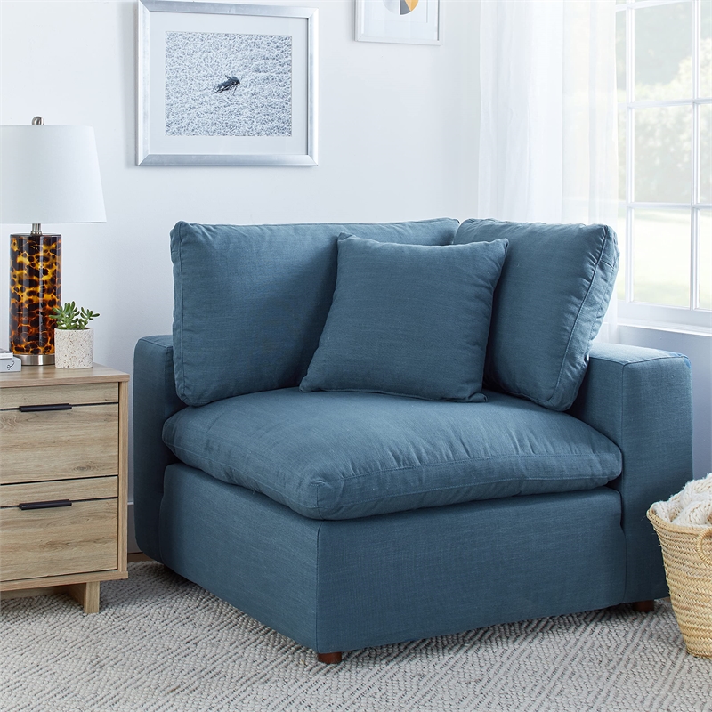 Maklaine Fabric Down Filled Overstuffed Corner Chair in Azure