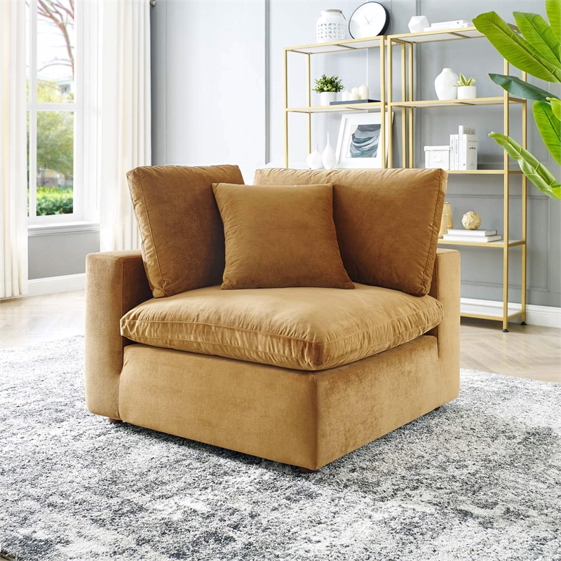 Maklaine Down Filled Performance Velvet Corner Chair in Cognac Brown