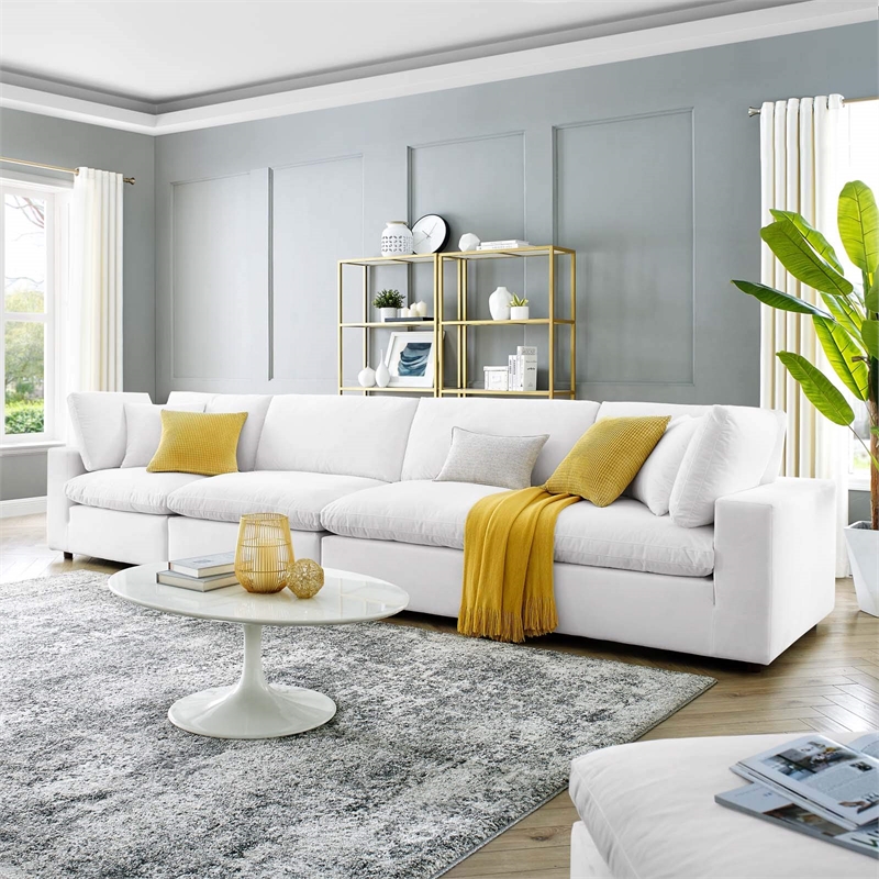 Maklaine 4-Seater Down Filled Overstuffed Performance Velvet Sofa in White