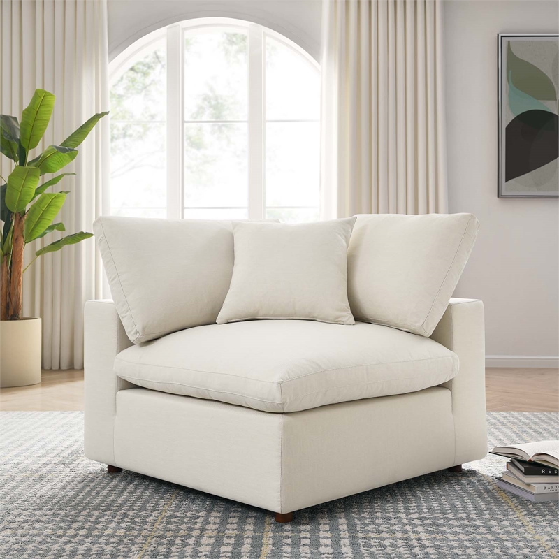 Maklaine Fabric Down Filled Overstuffed Corner Chair in Light Beige