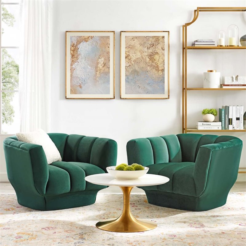 Maklaine Modern Channel Tufted Velvet Armchair in Green (Set of 2)