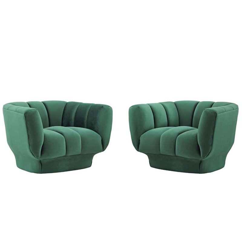Maklaine Modern Channel Tufted Velvet Armchair in Green (Set of 2)