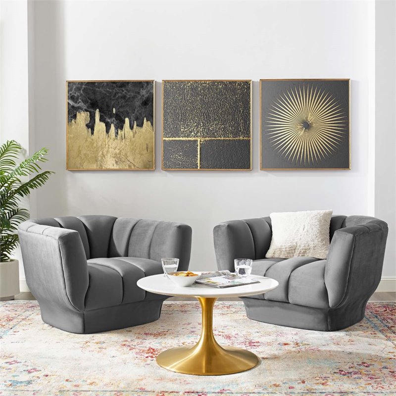 Maklaine Modern Channel Tufted Velvet Armchair in Gray (Set of 2)