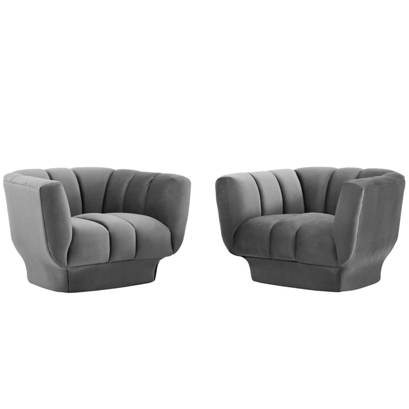 Maklaine Modern Channel Tufted Velvet Armchair in Gray (Set of 2)