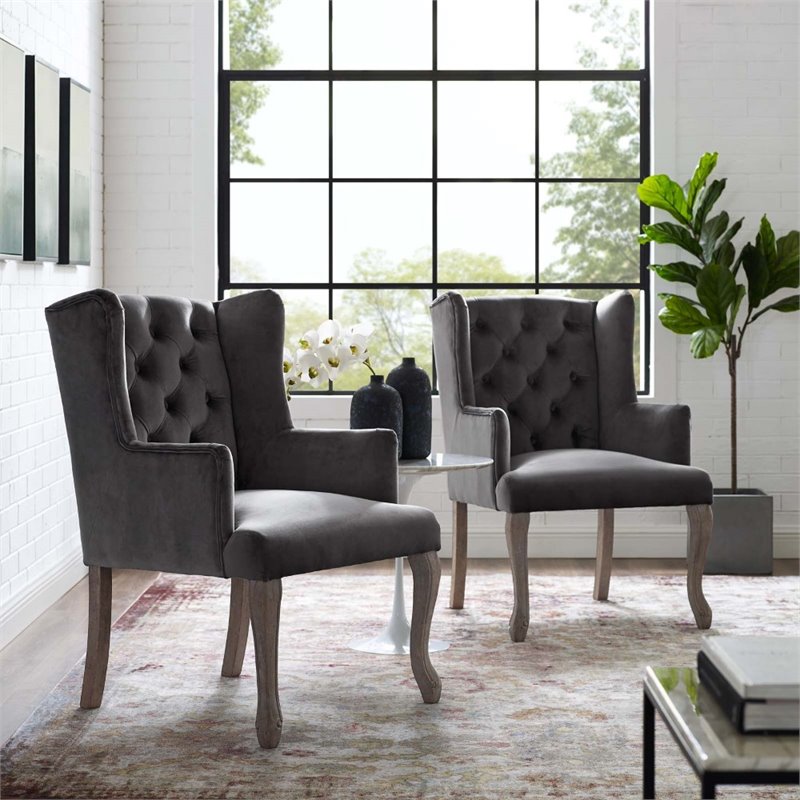 Maklaine Performance Velvet Tufted Arm Chair in Gray (Set of 2)