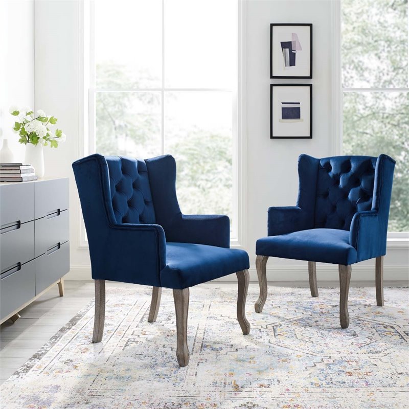Maklaine Performance Velvet Tufted Arm Chair in Navy (Set of 2)