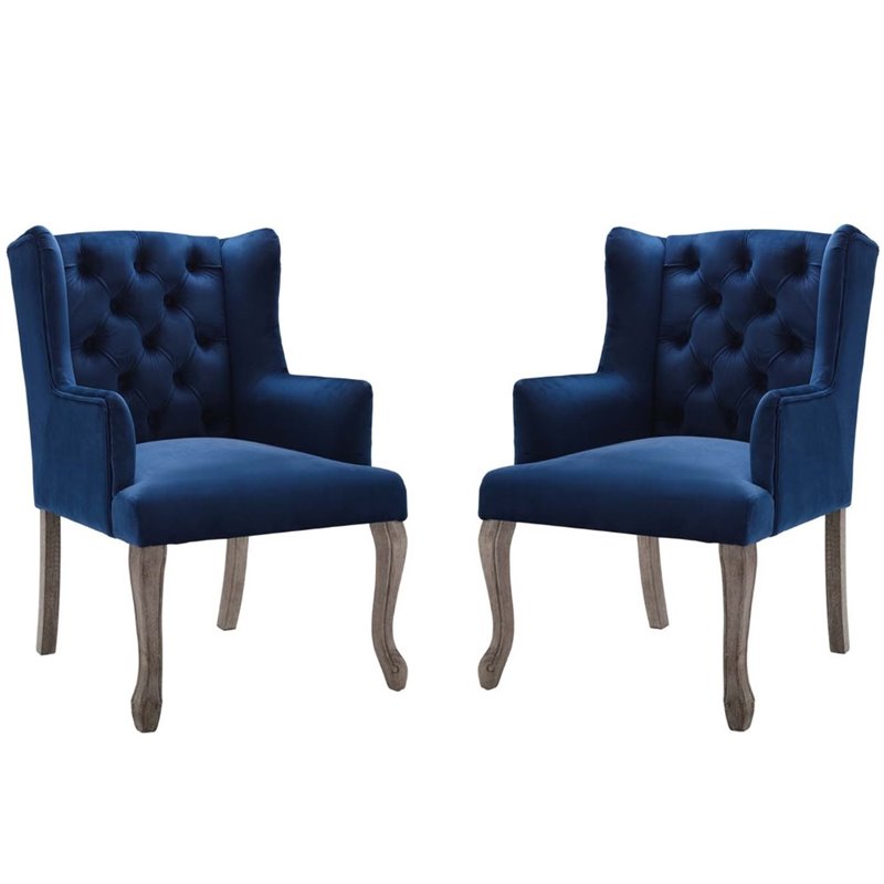 Maklaine Performance Velvet Tufted Arm Chair in Navy (Set of 2)