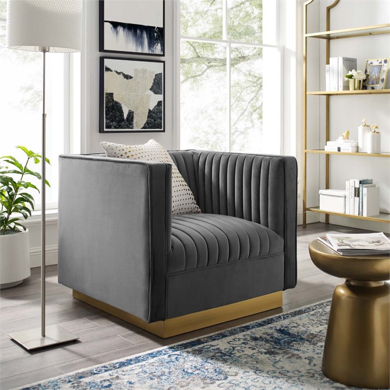 Maklaine Vertical Channel Tufted Performance Velvet Armchair in Gray