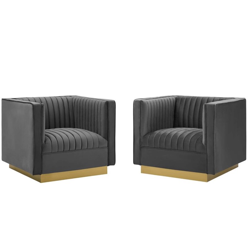 Maklaine Modern Performance Velvet Armchair in Gray/Gold (Set of 2)