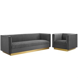 Maklaine 2-Piece Modern Performance Velvet Sofa and Armchair Set in Gray